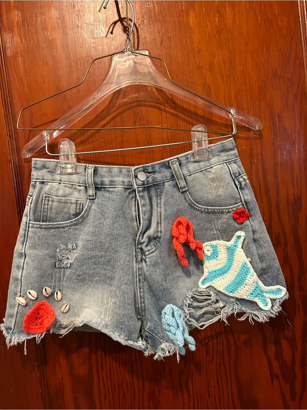 Handmade ocean crochet themed denim shorts